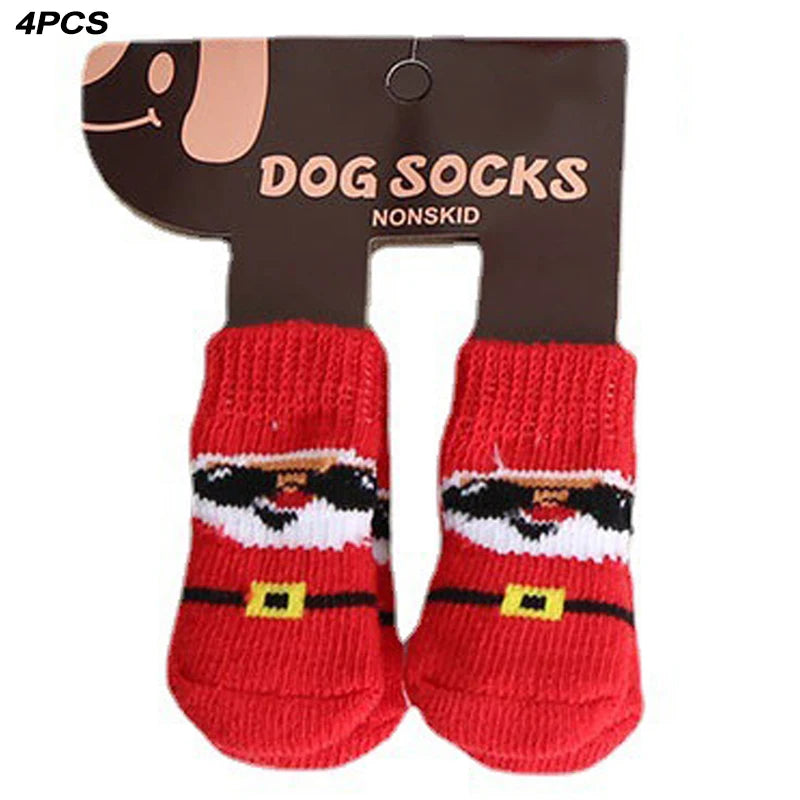 Dog Cat Socks 4 PCS Non-Slip Christmas Shoes Festival Themed Woven Paw Protector Knitting Pet Supplies for Floor Indoor WWO66