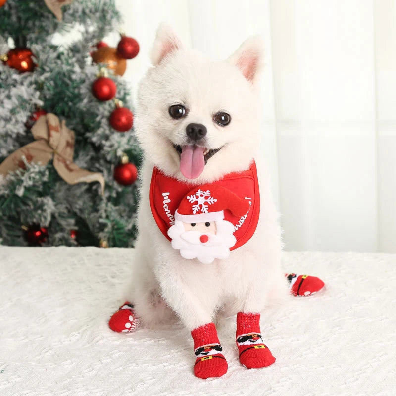 Dog Cat Socks 4 PCS Non-Slip Christmas Shoes Festival Themed Woven Paw Protector Knitting Pet Supplies for Floor Indoor WWO66