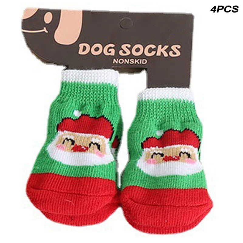 Dog Cat Socks 4 PCS Non-Slip Christmas Shoes Festival Themed Woven Paw Protector Knitting Pet Supplies for Floor Indoor WWO66