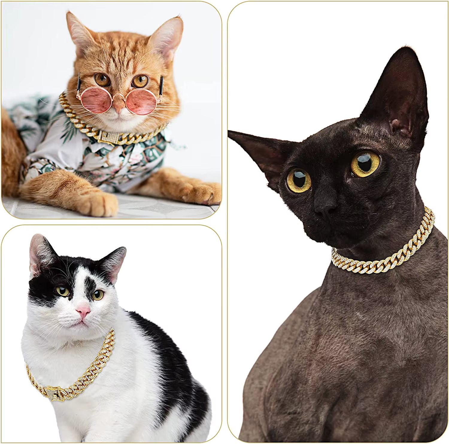 Luxury Cuban Link Cat Necklace Jewelry Rhinestone Collar Cat Gold Chain Kitten Wedding Prom Costume Accessories for Cats Puppy