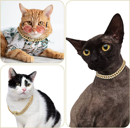Luxury Cuban Link Cat Necklace Jewelry Rhinestone Collar Cat Gold Chain Kitten Wedding Prom Costume Accessories for Cats Puppy