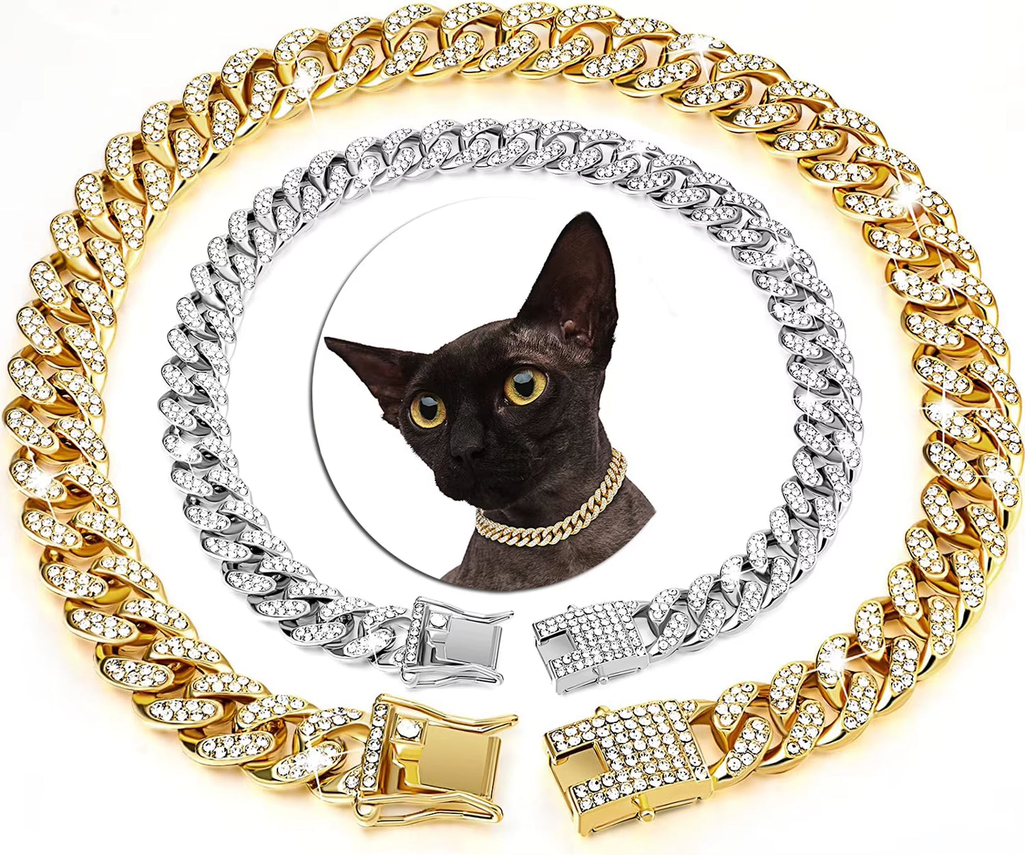 Luxury Cuban Link Cat Necklace Jewelry Rhinestone Collar Cat Gold Chain Kitten Wedding Prom Costume Accessories for Cats Puppy